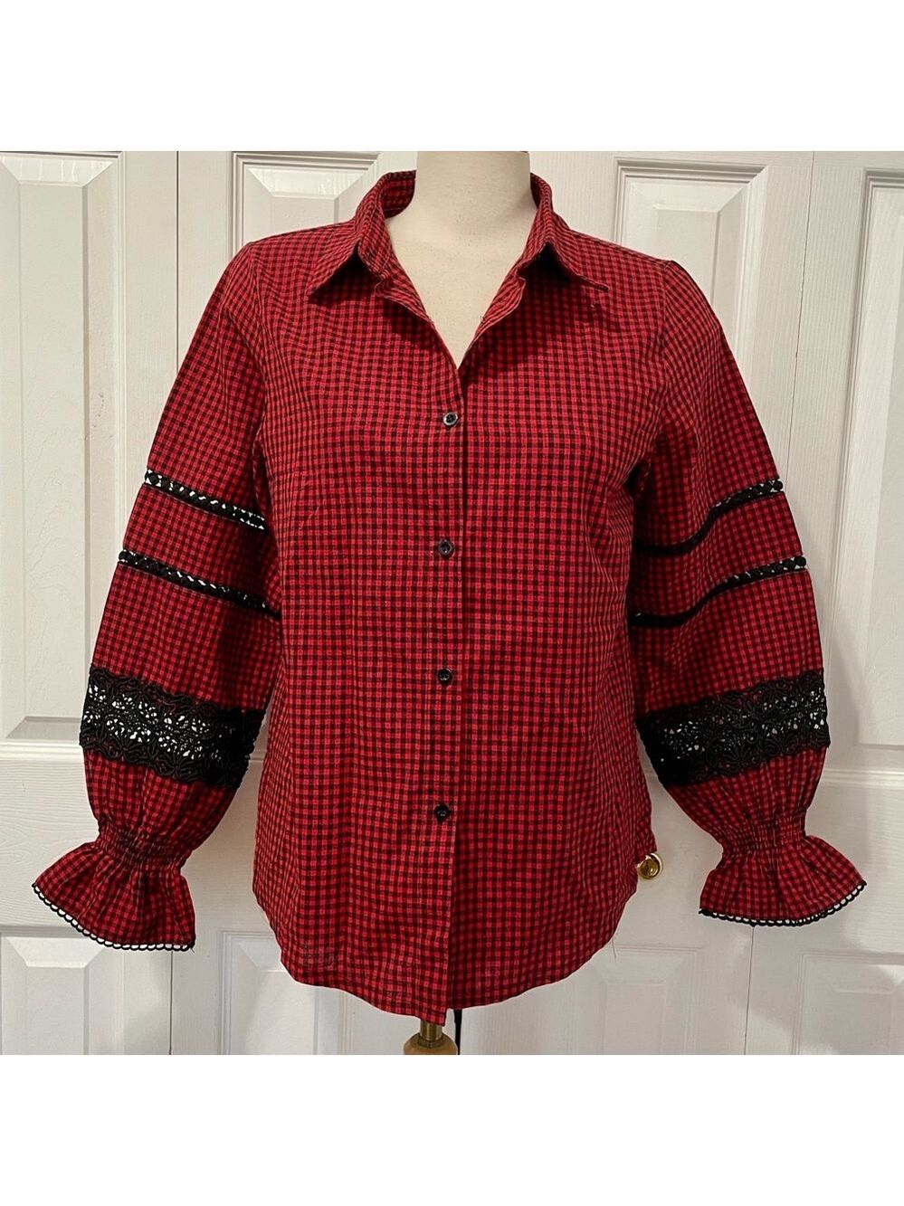 NWOT Molly Bracken Red Gingham Button Down Shirt with Lace Accents
